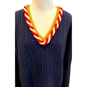 Gucci Blue Cable Knit V Neck Cashmere Wool Sweater Large